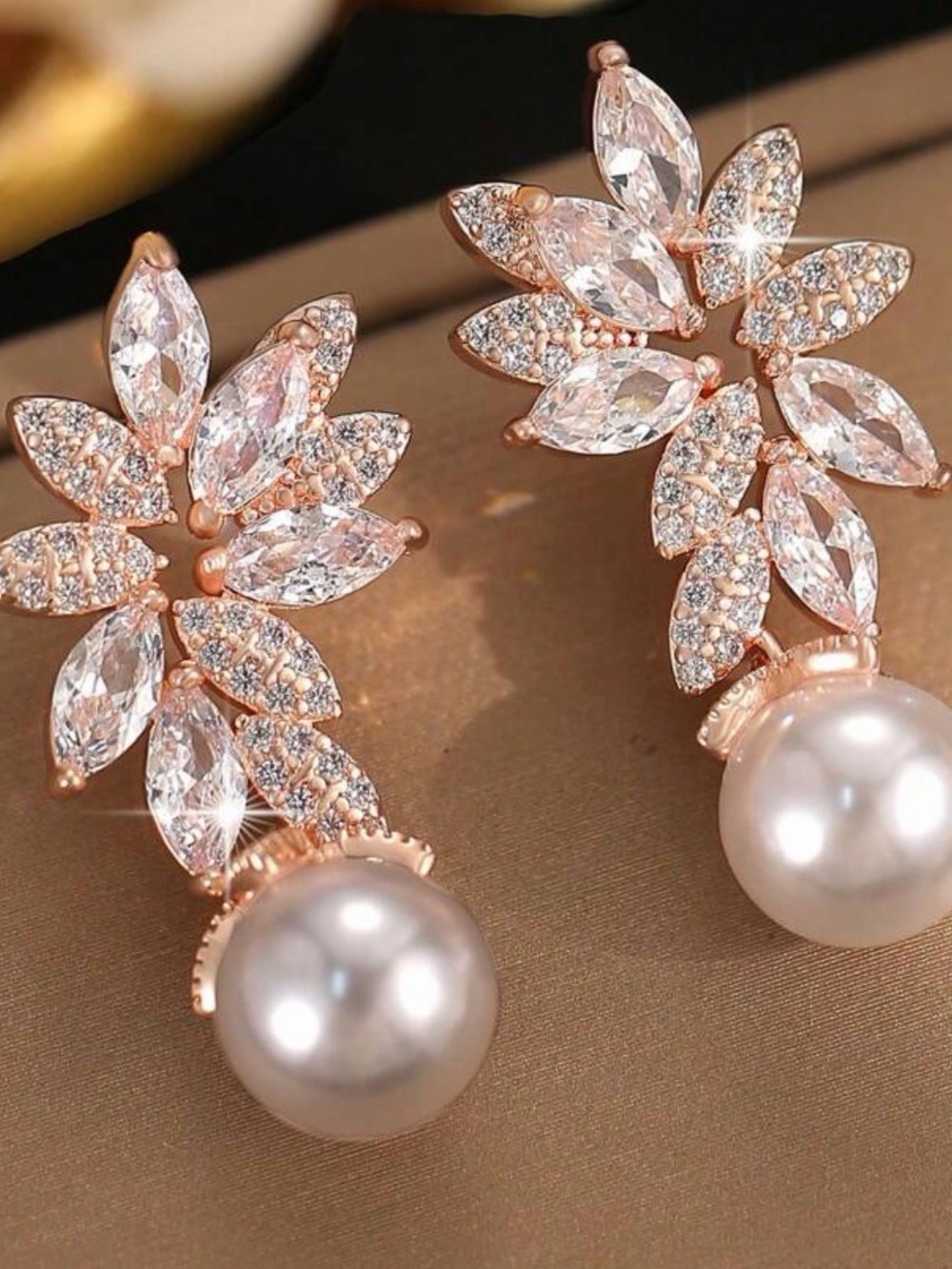 Pearl CZ Leaf Drop Earrings Rose Gold Tone Bridal Statement Earrings